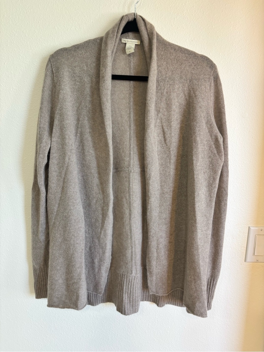 White + Warren 100% Cashmere Open-Front Shawl Collar Cardigan - Taupe